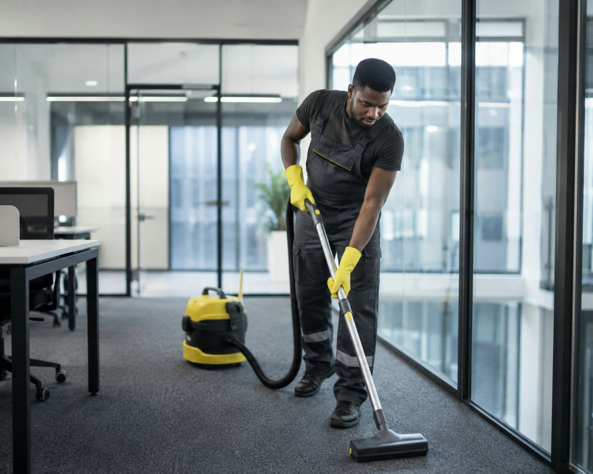 Cleaning technician servicing an office floor