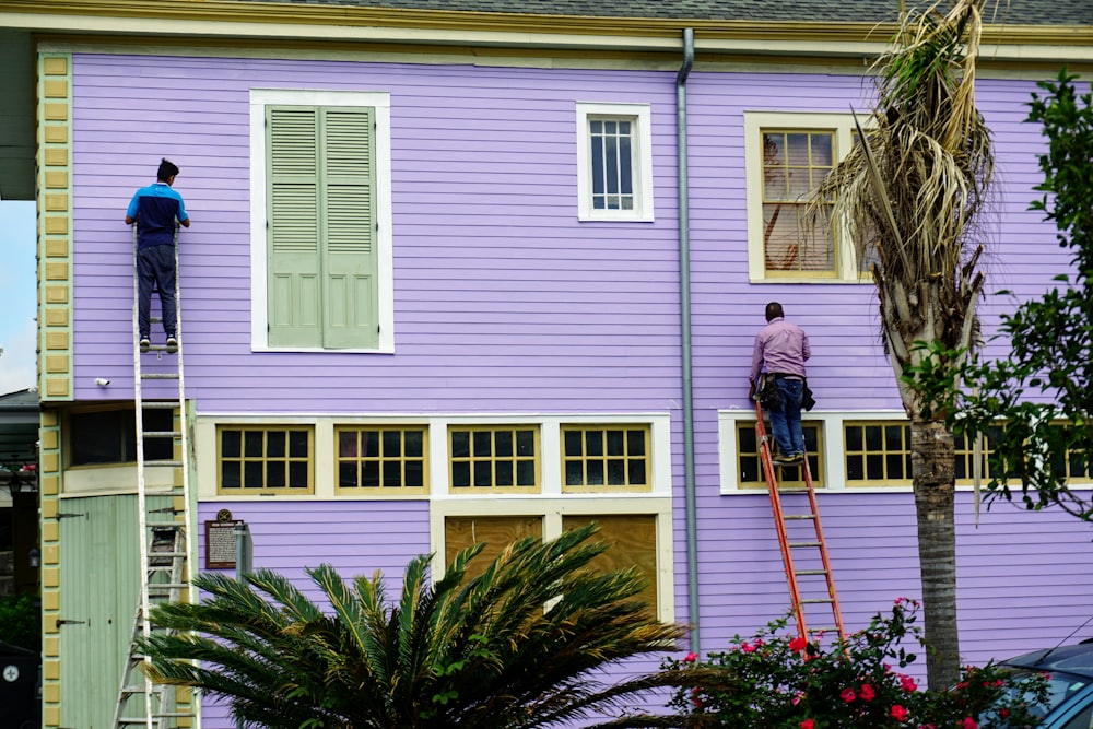 Painters working from ladders on a wall